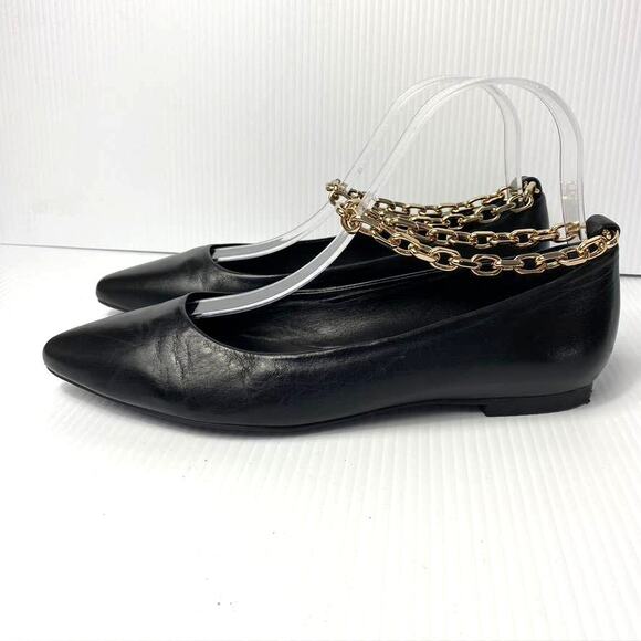 Women's Antonio Melani Ankle Chain Strap Pointed Toe Flats Black Leather 7 M - Picture 4 of 8